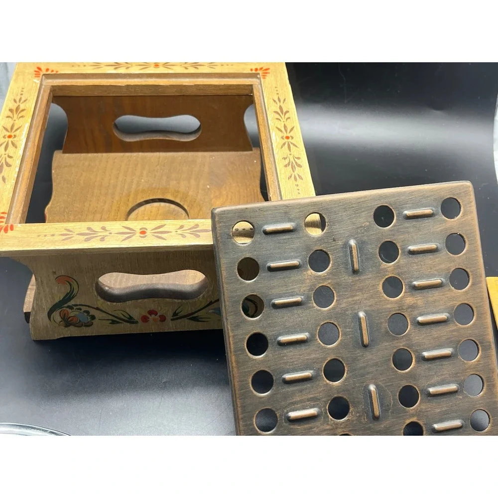 Vintage ANRI wood folk‎ art tea warmer /metal grate Hand painted Italy